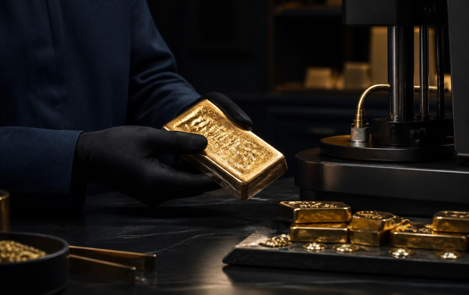 A specialist inspecting a cast gold bar beside assay equipment
