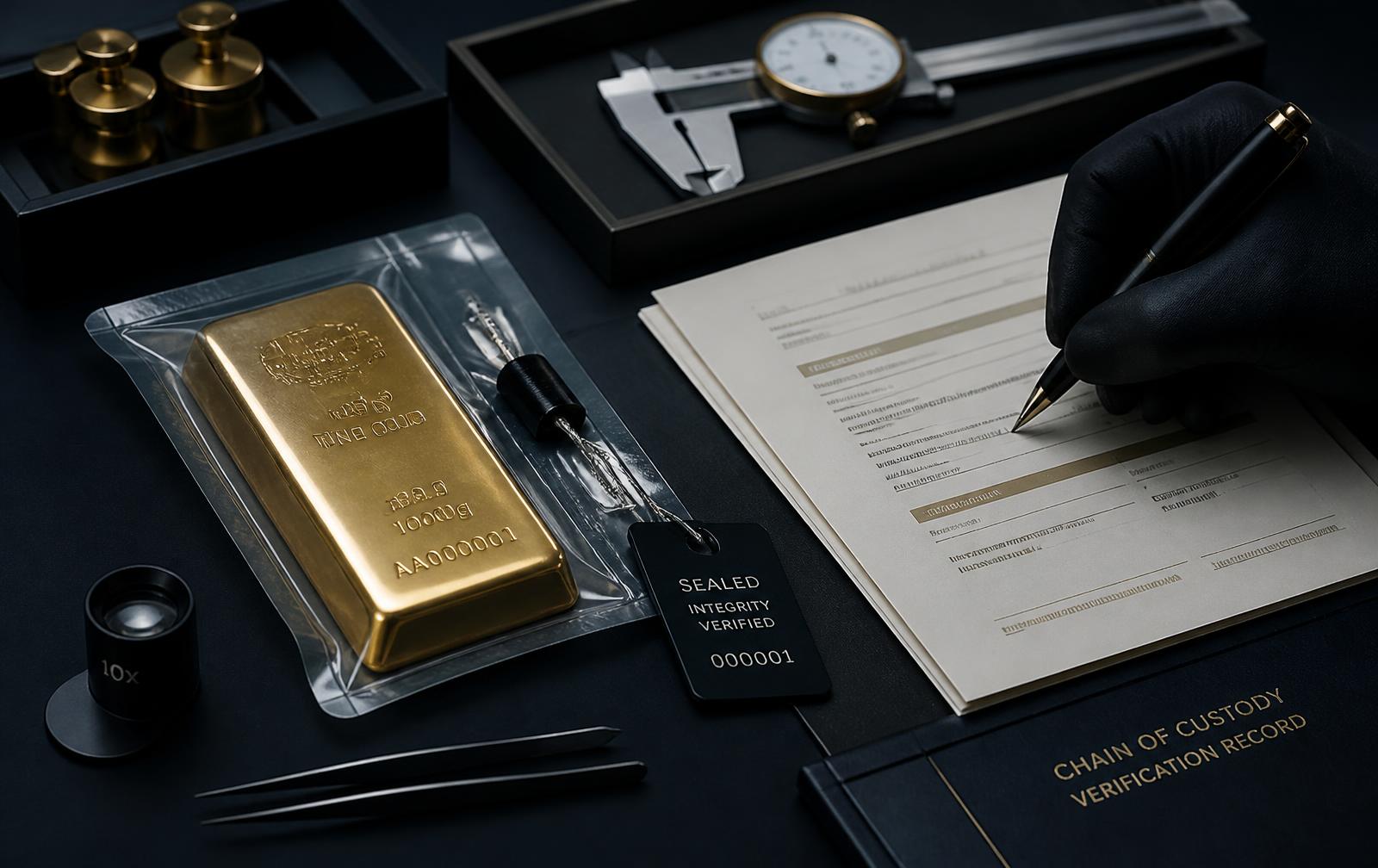 A sealed gold bar undergoing chain-of-custody verification