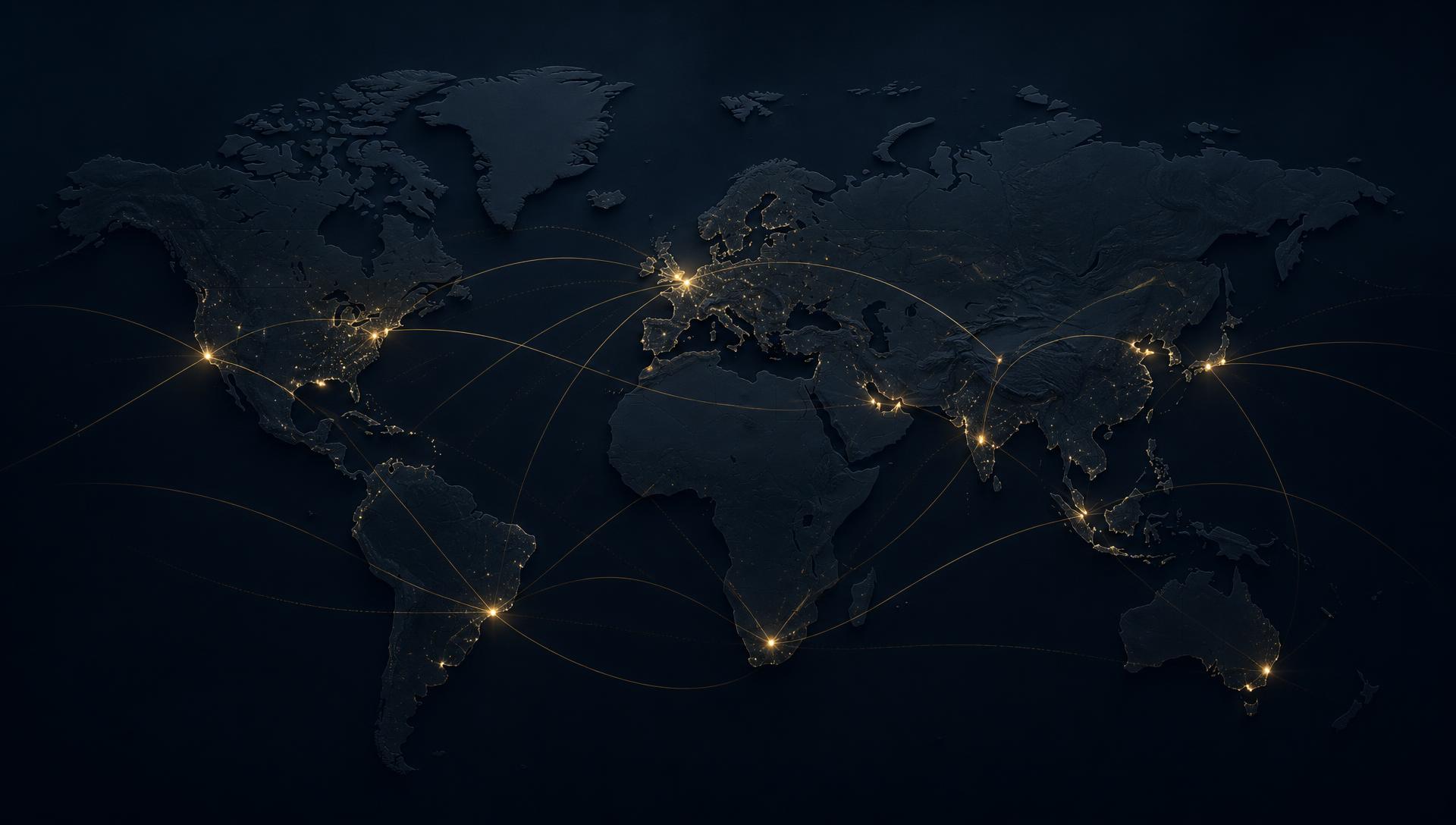 Dark world map with gold trade route lines connecting key global markets