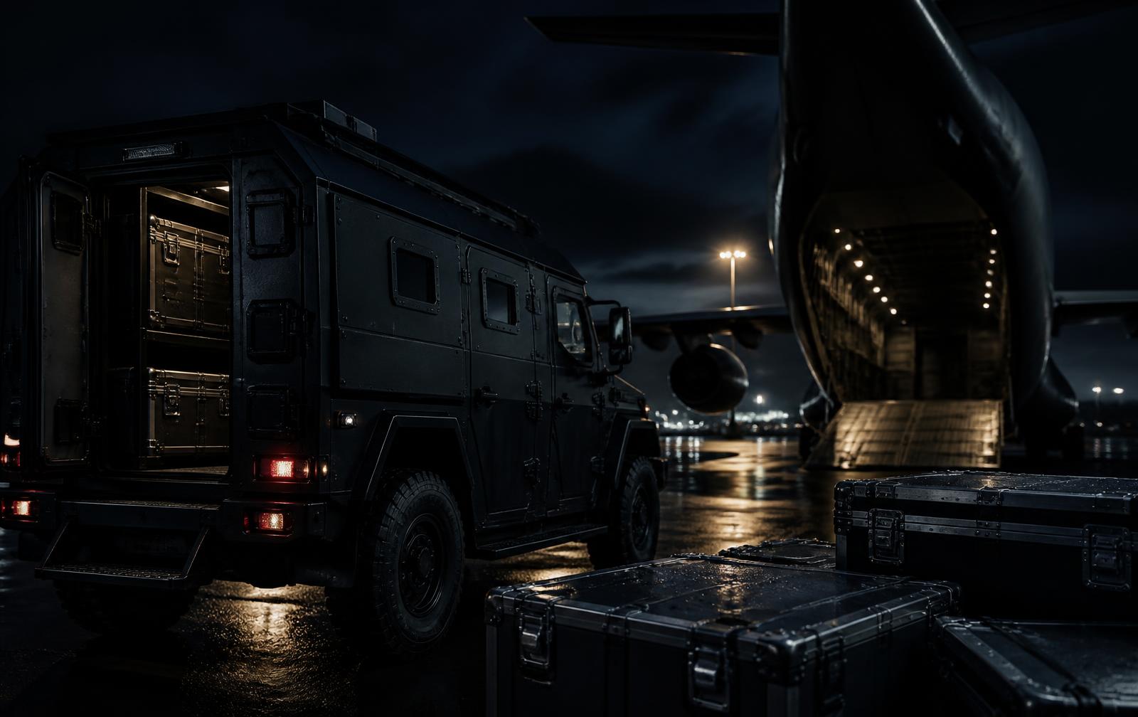 Secure precious metals cases being prepared beside a cargo aircraft