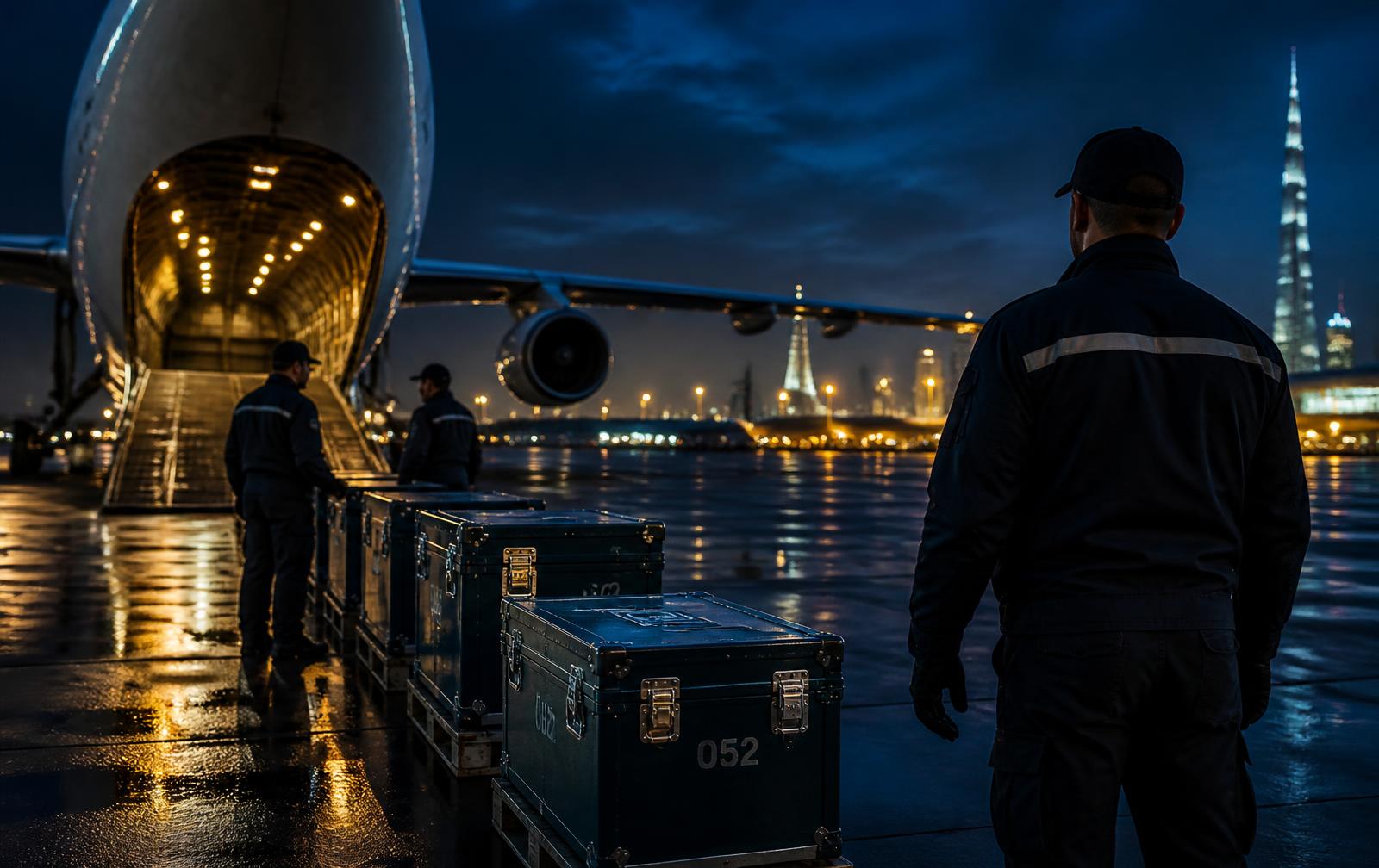 Security personnel transferring sealed cases to a cargo aircraft at night